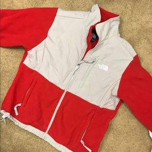 Red & light grey women’s North Face jacket - large
